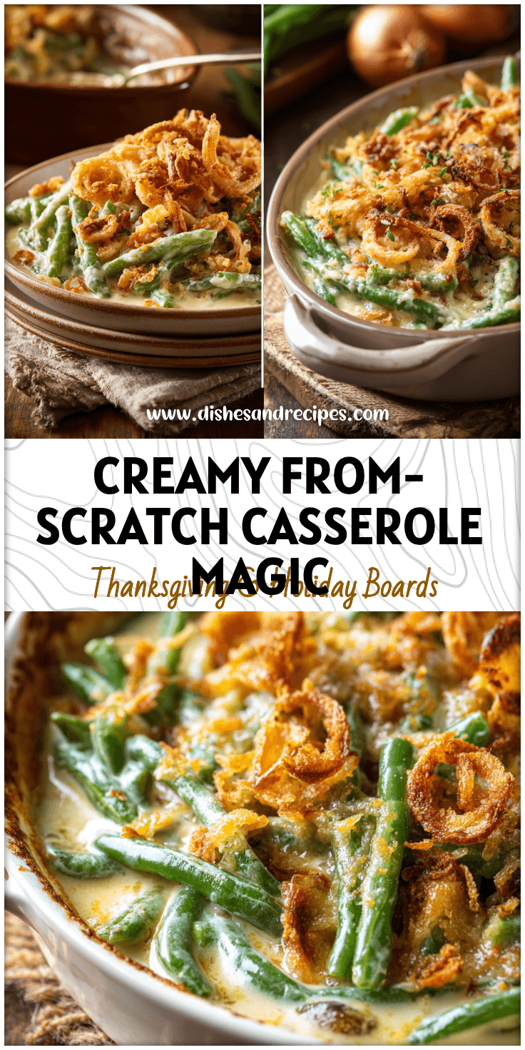 A creamy baked Green Bean Casserole From Scratch with crisp topping and golden edges on a rustic table.
